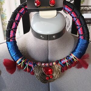 Vibrant Red and Blue Necklace with Gold Accents